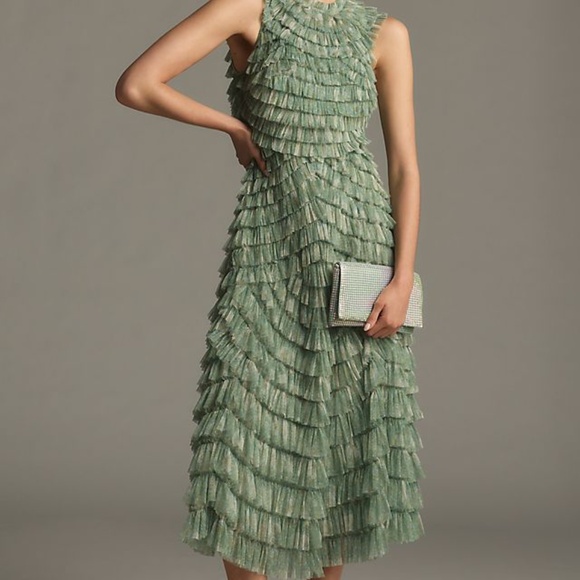 Green High-Neck Micro Ruffle Dress (NWT) Retail: $598 - Picture 2 of 3